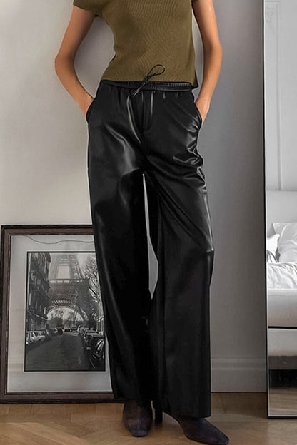 Pantalones casuales de diario con bolsillos, cordones, sueltos, de cintura alta y rectos