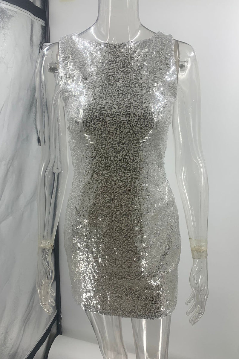 Vestidos sexis de lentejuelas con encaje, espalda descubierta y cuello redondo con falda cruzada