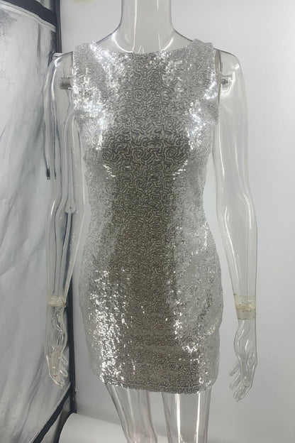 Vestidos sexis de lentejuelas con encaje, espalda descubierta y cuello redondo con falda cruzada