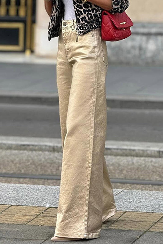 Pantalones rectos de cintura alta holgados con parches desgastados para uso diario informal