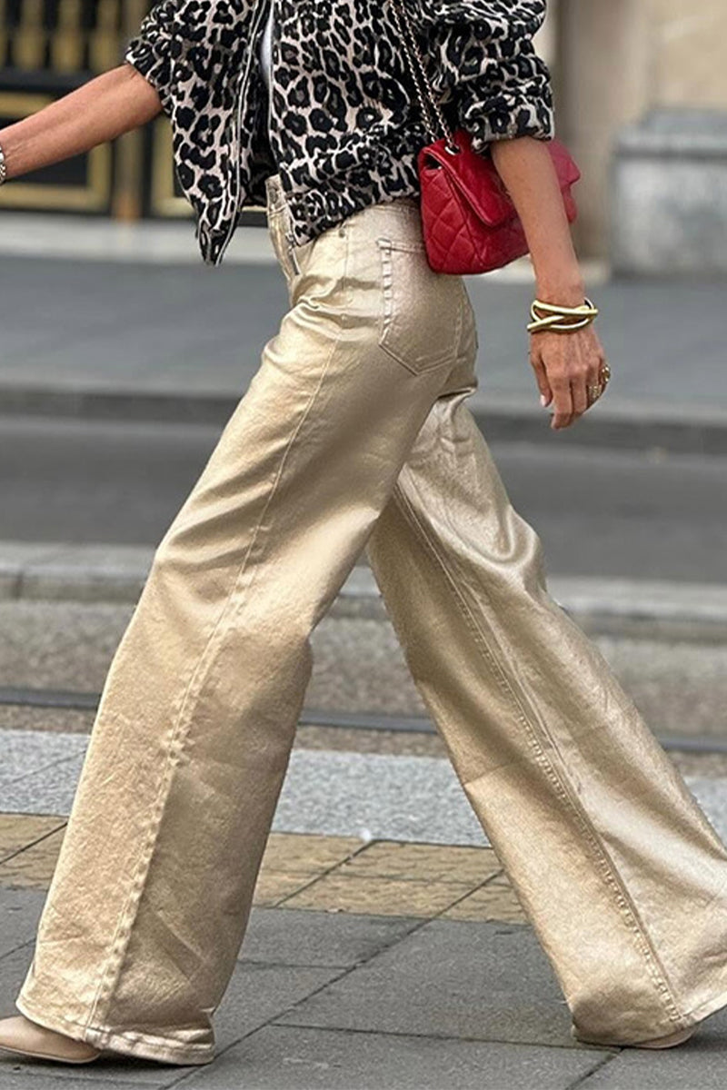 Pantalones rectos de cintura alta holgados con parches desgastados para uso diario informal