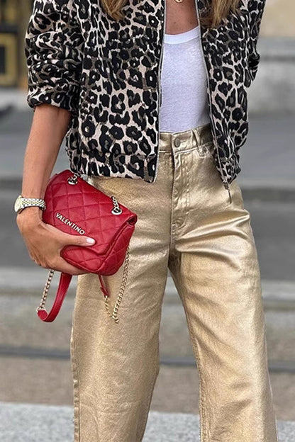 Pantalones rectos de cintura alta holgados con parches desgastados para uso diario informal