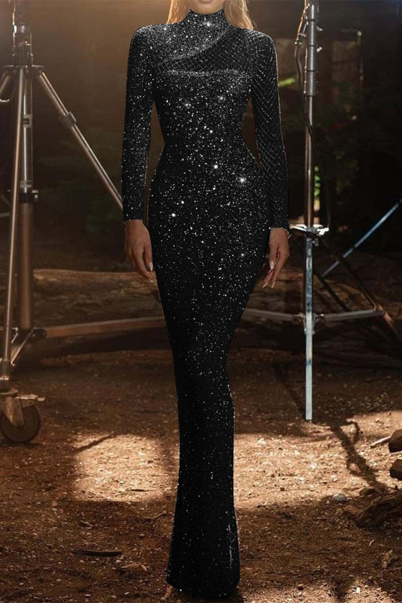 Vestidos sexis de lentejuelas sólidas con patchwork y cuello alto, falda de un solo paso