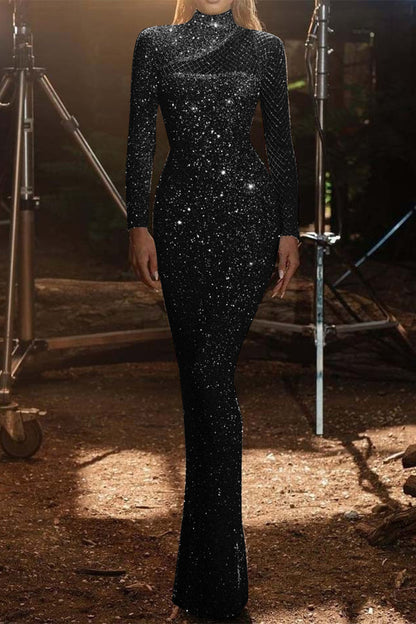 Vestidos sexis de lentejuelas sólidas con patchwork y cuello alto, falda de un solo paso