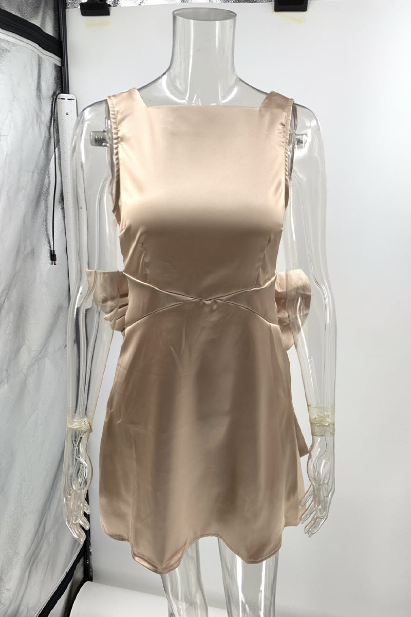 Vestidos sexis de fiesta sin espalda con lazo y cuello cuadrado sin mangas