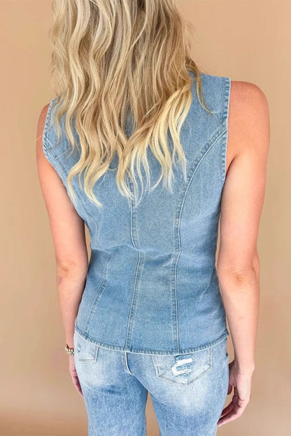 Chaqueta vaquera informal de uso diario con botones, cuello redondo y sin mangas