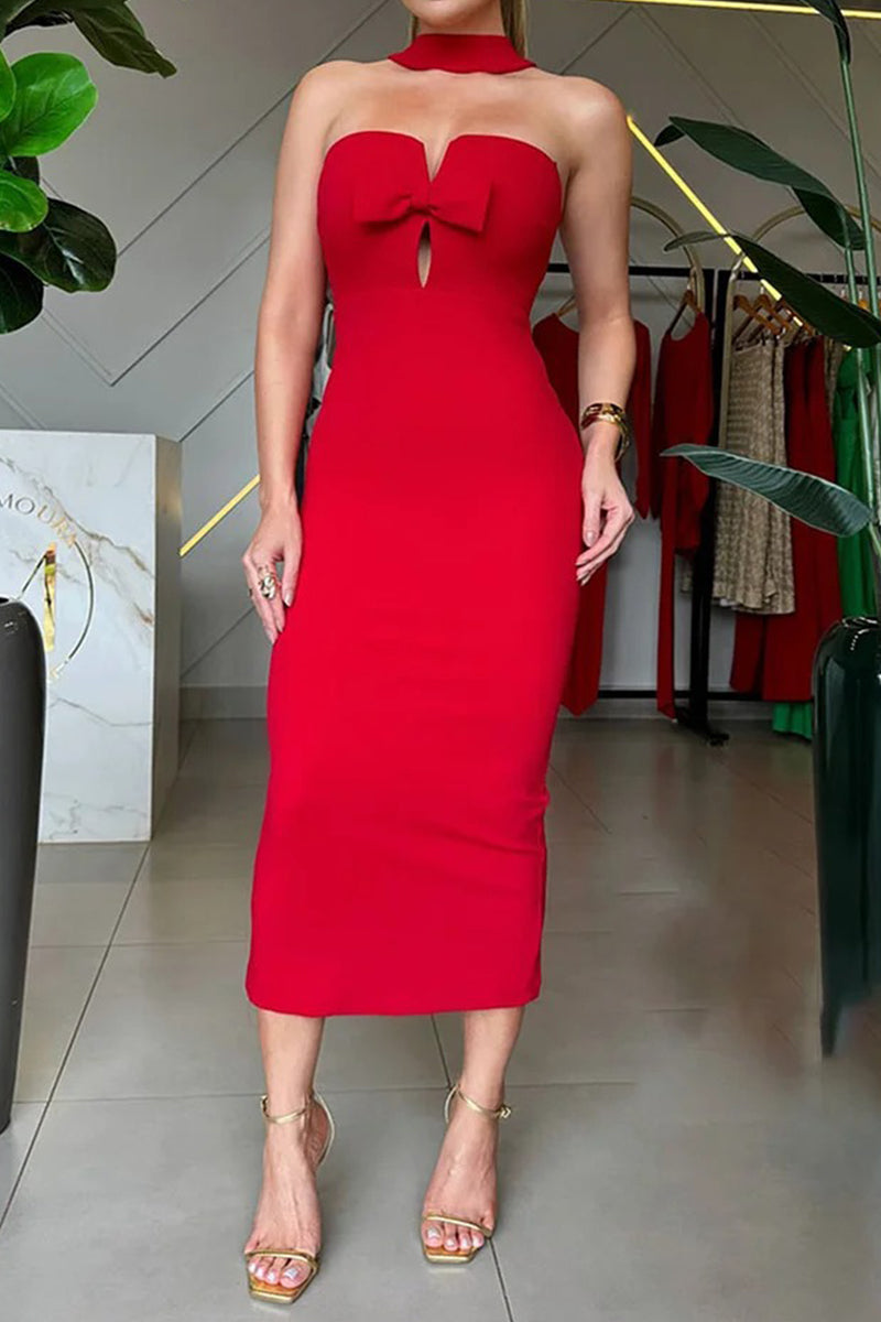 Vestidos sexys de falda de un solo paso con cuello halter y decoración de lazo