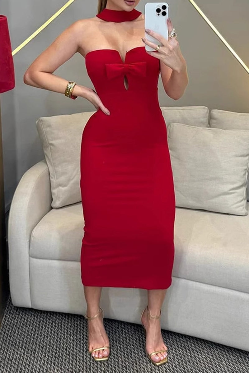 Vestidos sexys de falda de un solo paso con cuello halter y decoración de lazo