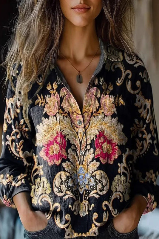 Blusas casuales con cuello vuelto y estampado floral en contraste (6 colores)