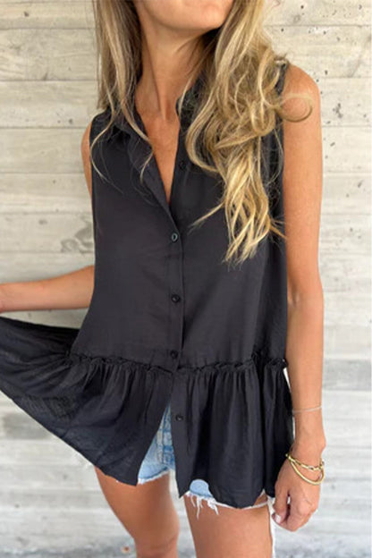 Casual Buttons Pleated Flounce Turndown Collar Blouses(3 Colors)