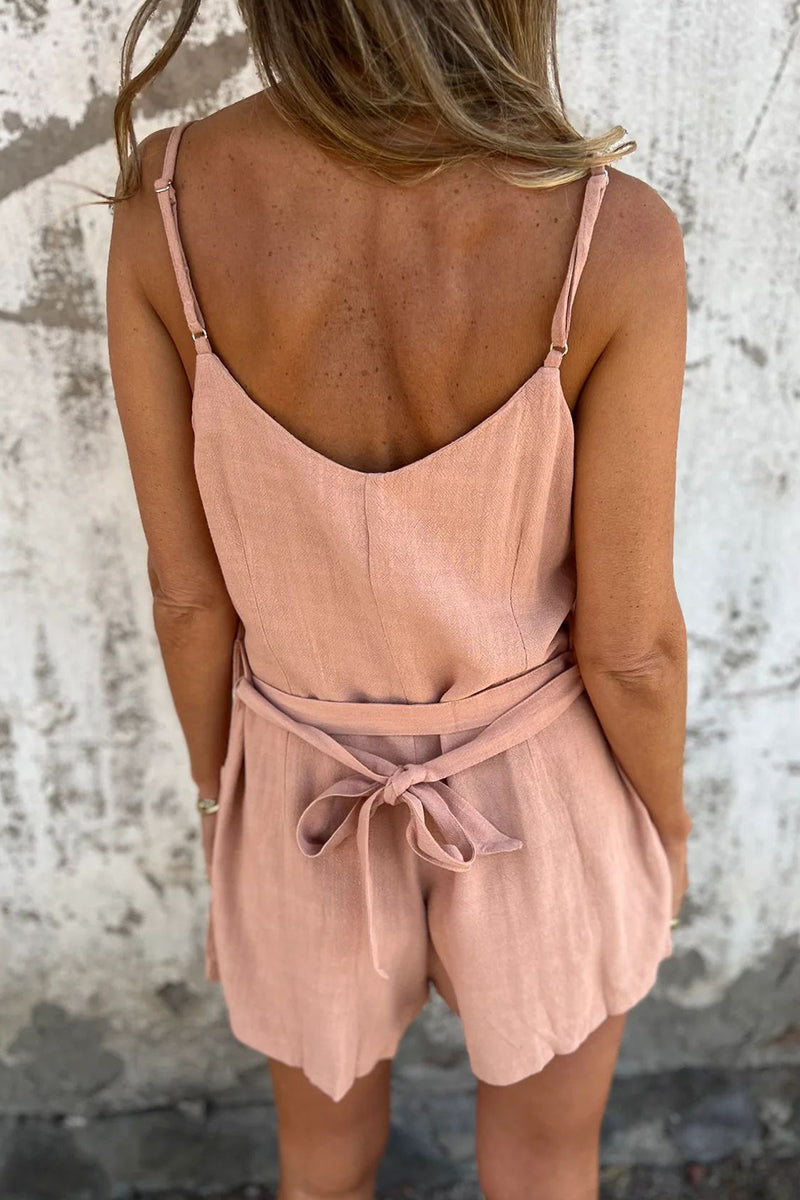 Casual Pocket Lace Up Buttons V Neck Loose Rompers(3 Colors)