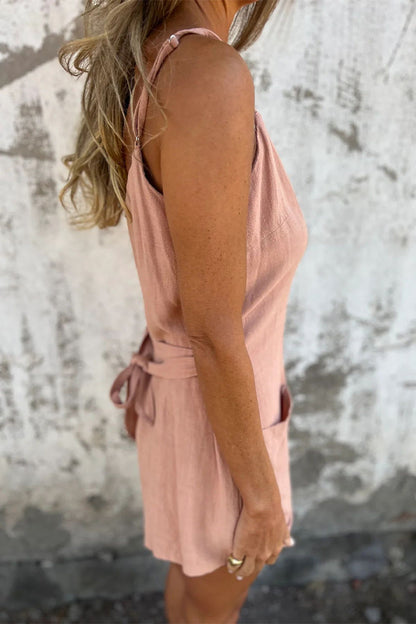 Casual Pocket Lace Up Buttons V Neck Loose Rompers(3 Colors)