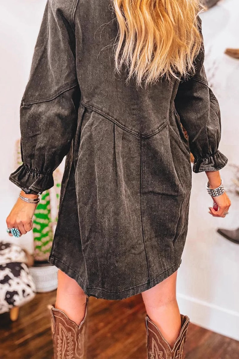 Casual Distressed Patchwork Turndown Collar Three Quarter Loose Denim Dresses