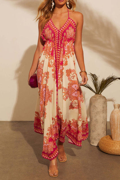 Sexy Vacation Floral Print Lace Up Backless Contrast V Neck Beach Dresses