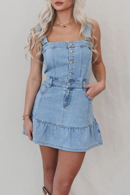 Casual Pocket Buttons Ruffle Square Neck Sleeveless Denim Dresses