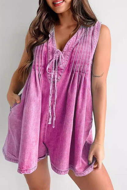 Casual Street Pocket Lace Up V Neck Sleeveless Loose Denim Jumpsuits