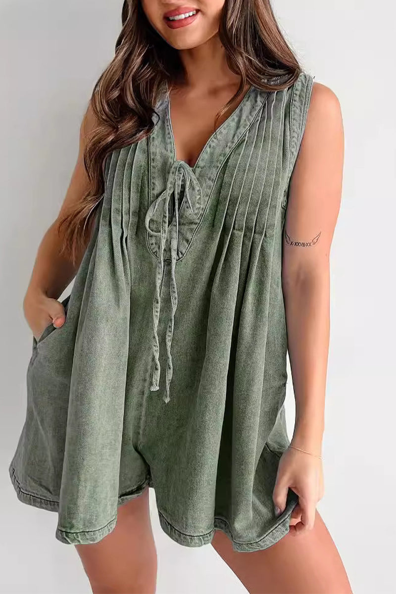 Casual Street Pocket Lace Up V Neck Sleeveless Loose Denim Jumpsuits