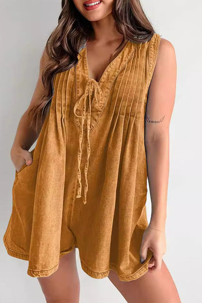 Mono vaquero holgado informal con bolsillos, cuello en V, sin mangas y cordones (9 colores)