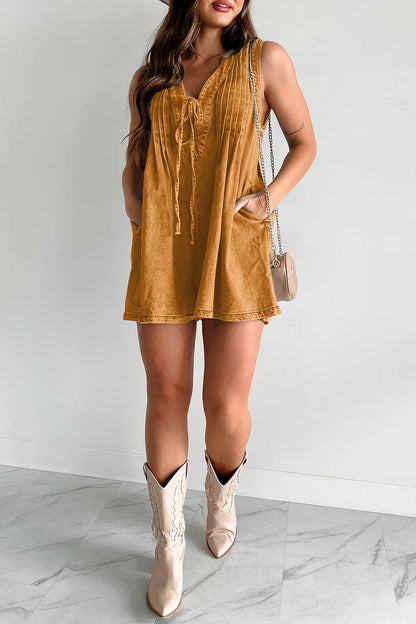 Mono vaquero holgado informal con bolsillos, cuello en V, sin mangas y cordones (9 colores)