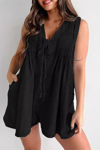 Mono vaquero holgado informal con bolsillos, cuello en V, sin mangas y cordones (9 colores)