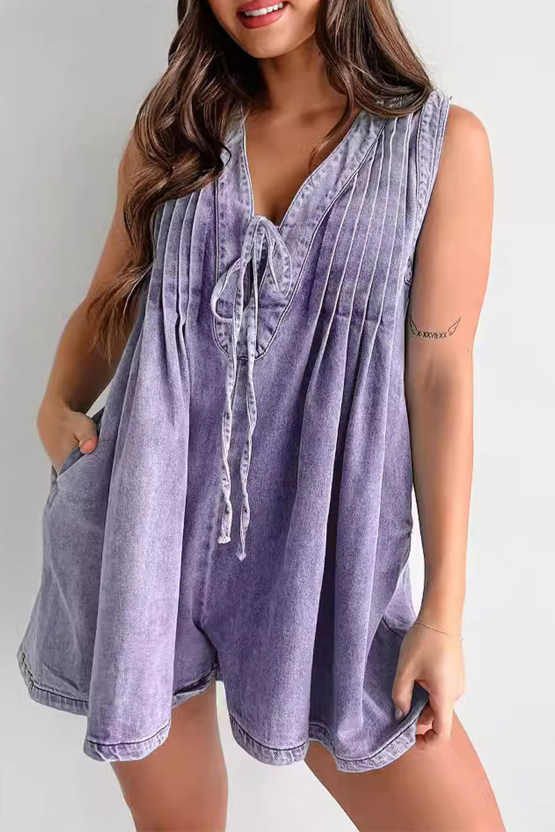 Casual Street Pocket Lace Up V Neck Sleeveless Loose Denim Jumpsuits
