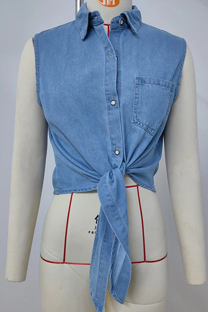 Casual Lace Up Buttons Turndown Collar Blouses