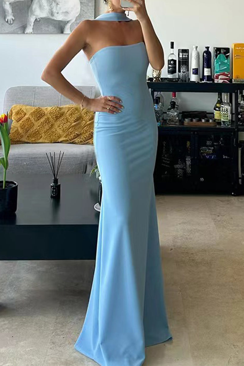 Vestidos largos sexis con cuello halter y patchwork en color liso