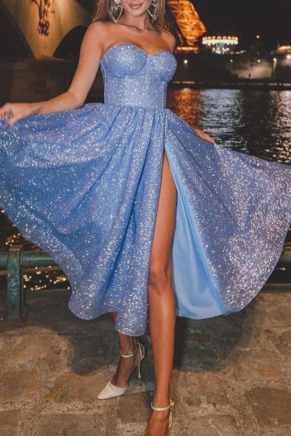 Vestidos de noche sexys sin tirantes con lentejuelas y aberturas