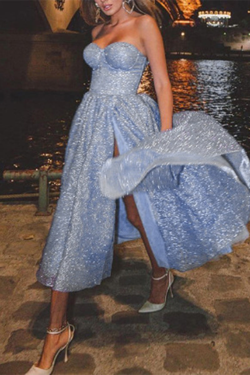 Vestidos de noche sexys sin tirantes con lentejuelas y aberturas