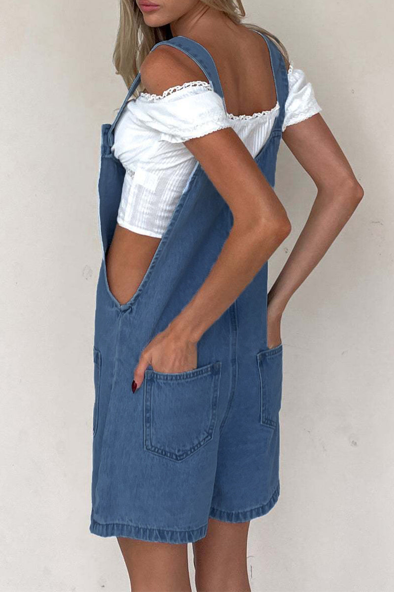 Casual Pocket Buttons U Neck Loose Rompers