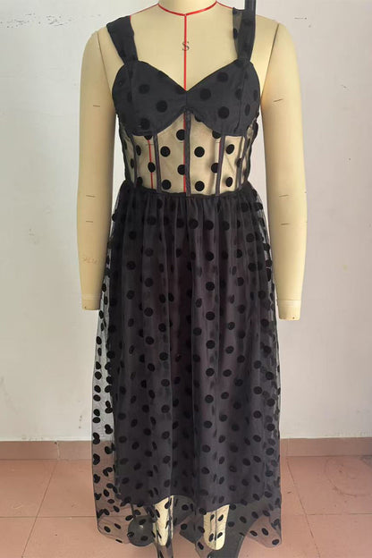 Vestidos de noche sexys con escote en V y malla de lunares y cremallera