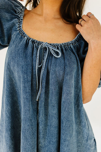 Casual Draw String Pocket Square Neck Short Sleeve Loose Denim Dresses(3 Colors)