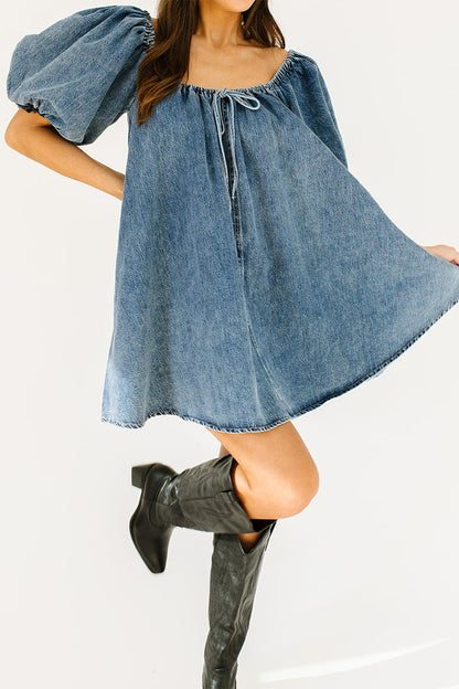 Casual Draw String Pocket Square Neck Short Sleeve Loose Denim Dresses(3 Colors)