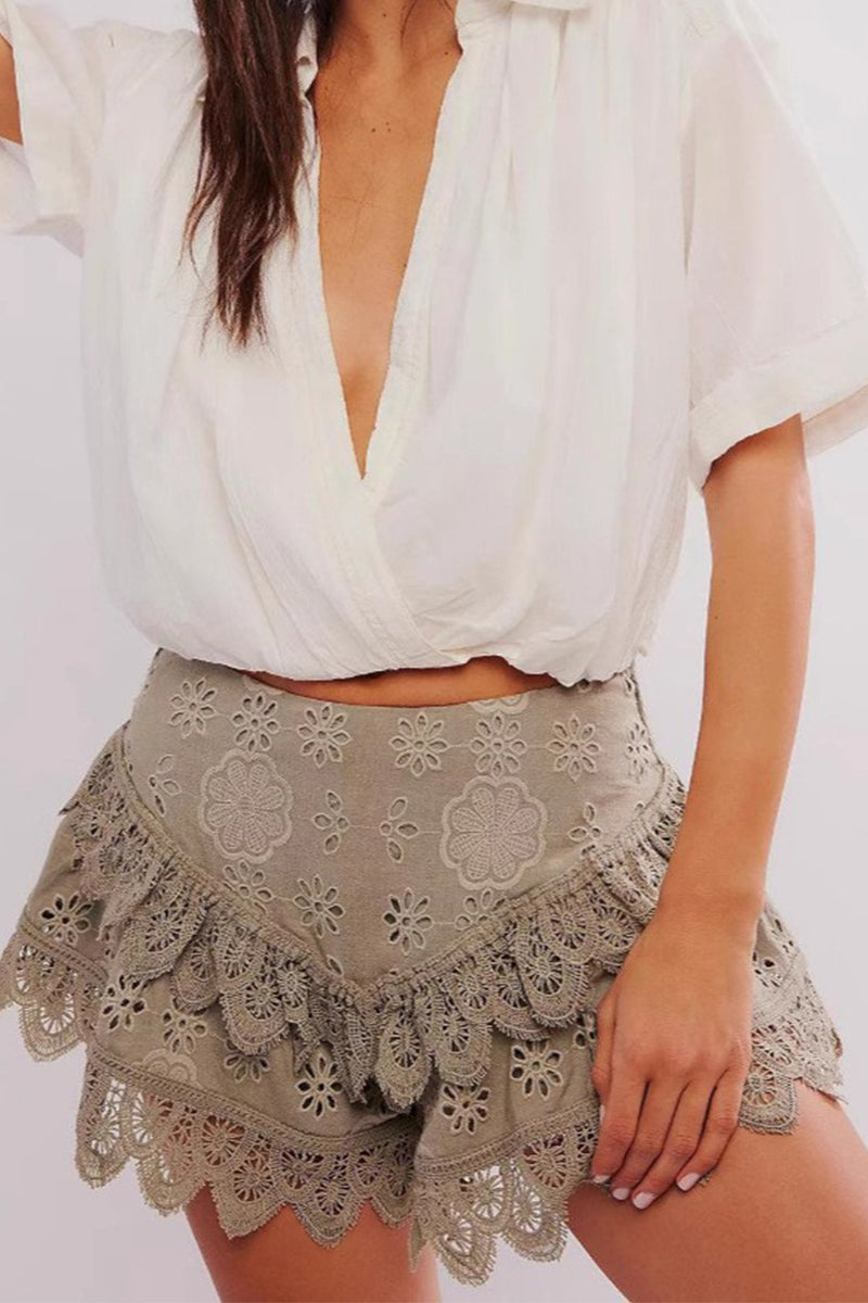 Casual Lace Flounce High Waist Type A Bottoms