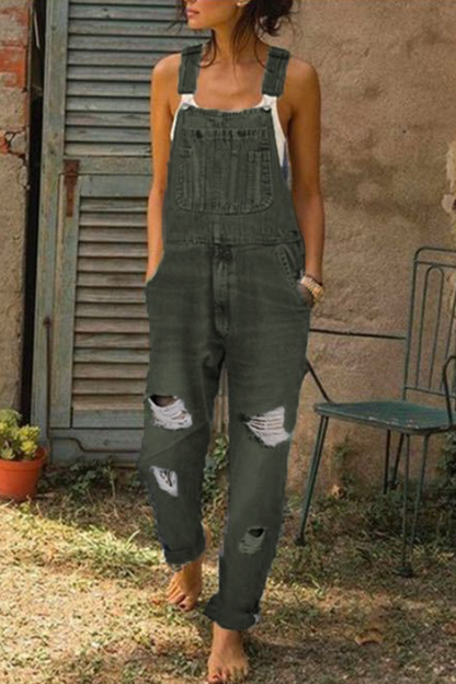 Washed Ripped Hole Denim Overalls(3 colors)
