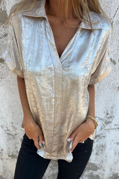 Casual Bronzing Pattern Patchwork Turndown Collar Blouses(5 Colors)