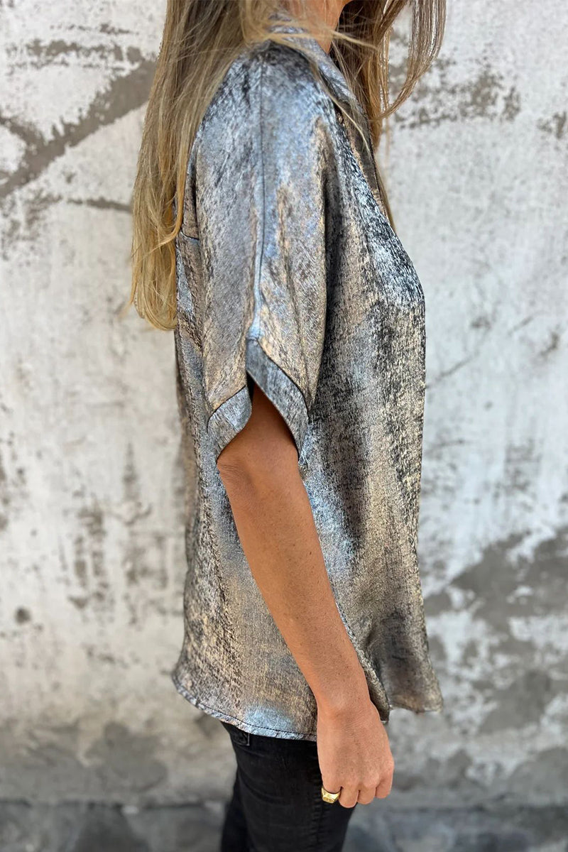 Casual Bronzing Pattern Patchwork Turndown Collar Blouses(5 Colors)