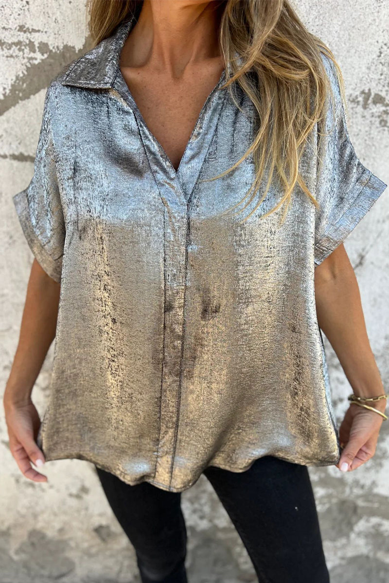 Casual Bronzing Pattern Patchwork Turndown Collar Blouses(5 Colors)