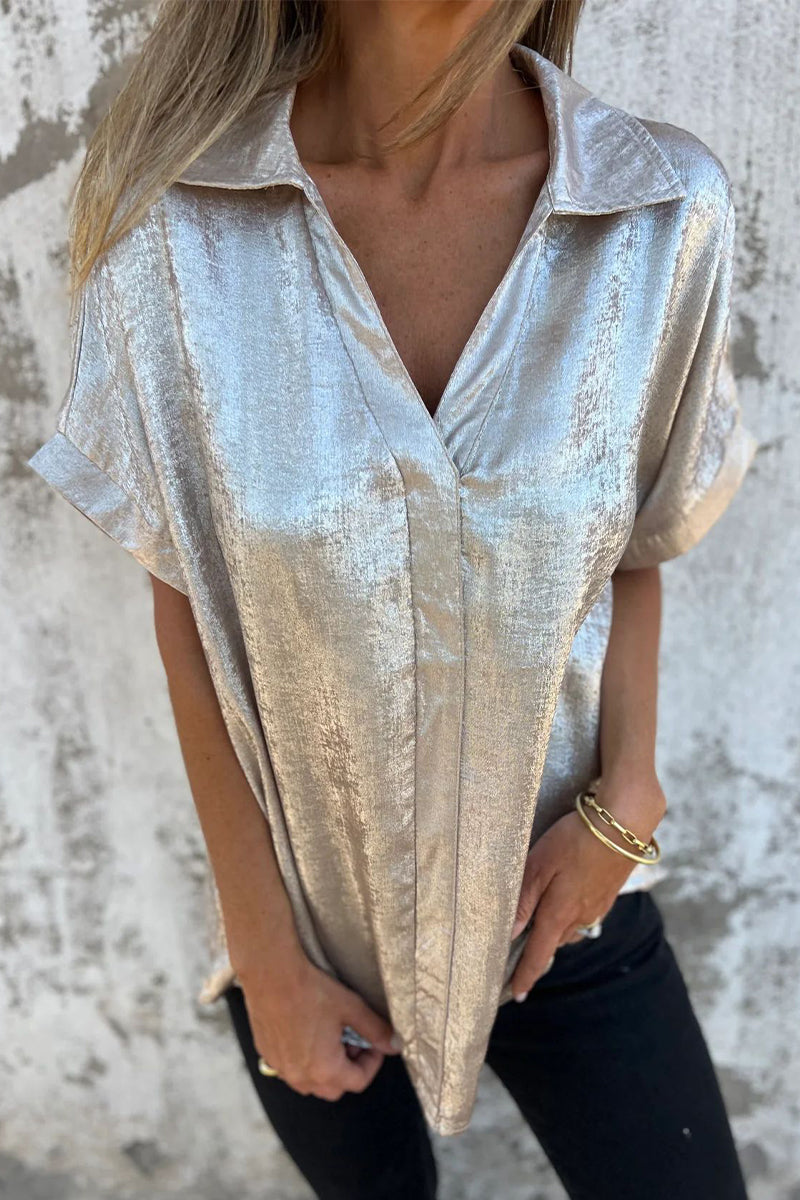 Casual Bronzing Pattern Patchwork Turndown Collar Blouses(5 Colors)