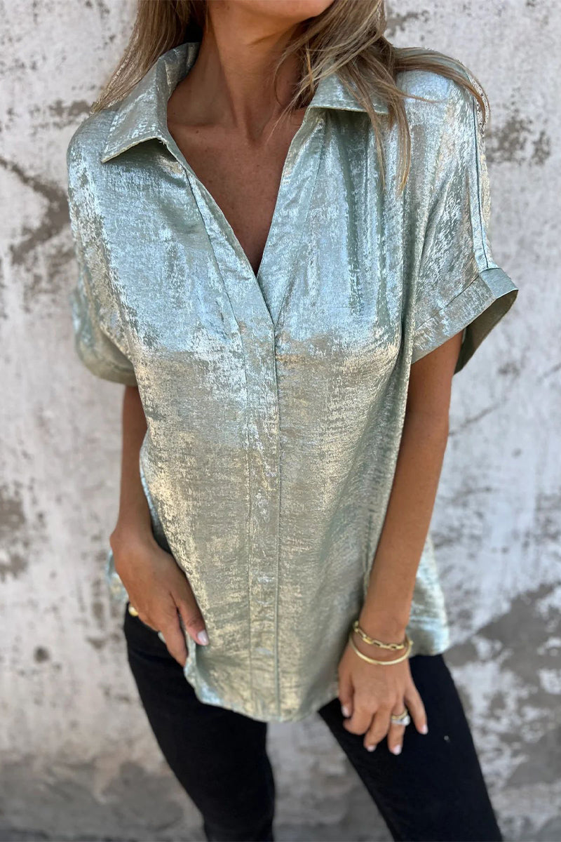 Casual Bronzing Pattern Patchwork Turndown Collar Blouses(5 Colors)