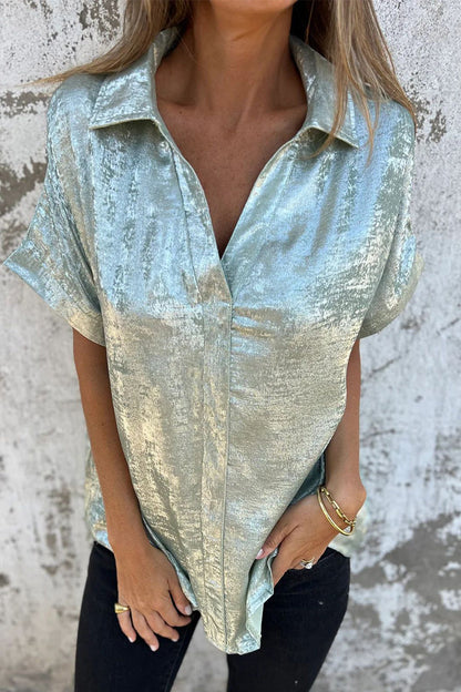 Casual Bronzing Pattern Patchwork Turndown Collar Blouses(5 Colors)