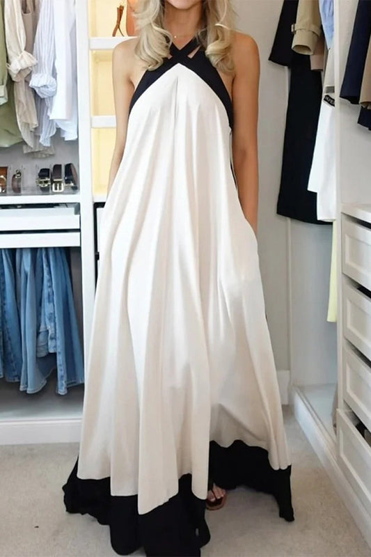 Vestidos largos casuales con cuello halter y contraste de patchwork