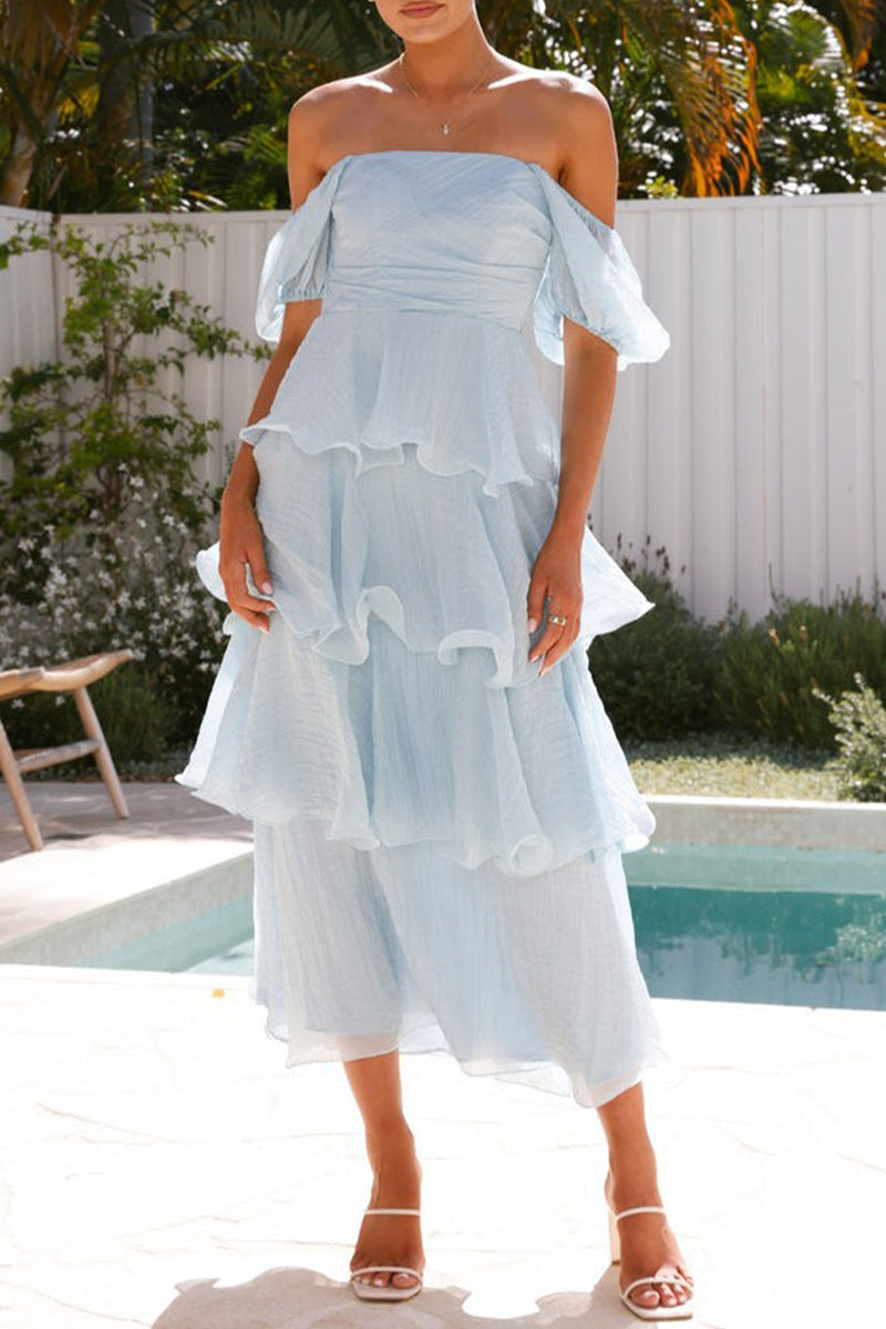 Vestidos casuales con falda pastel, escote cuadrado, volantes y espalda descubierta