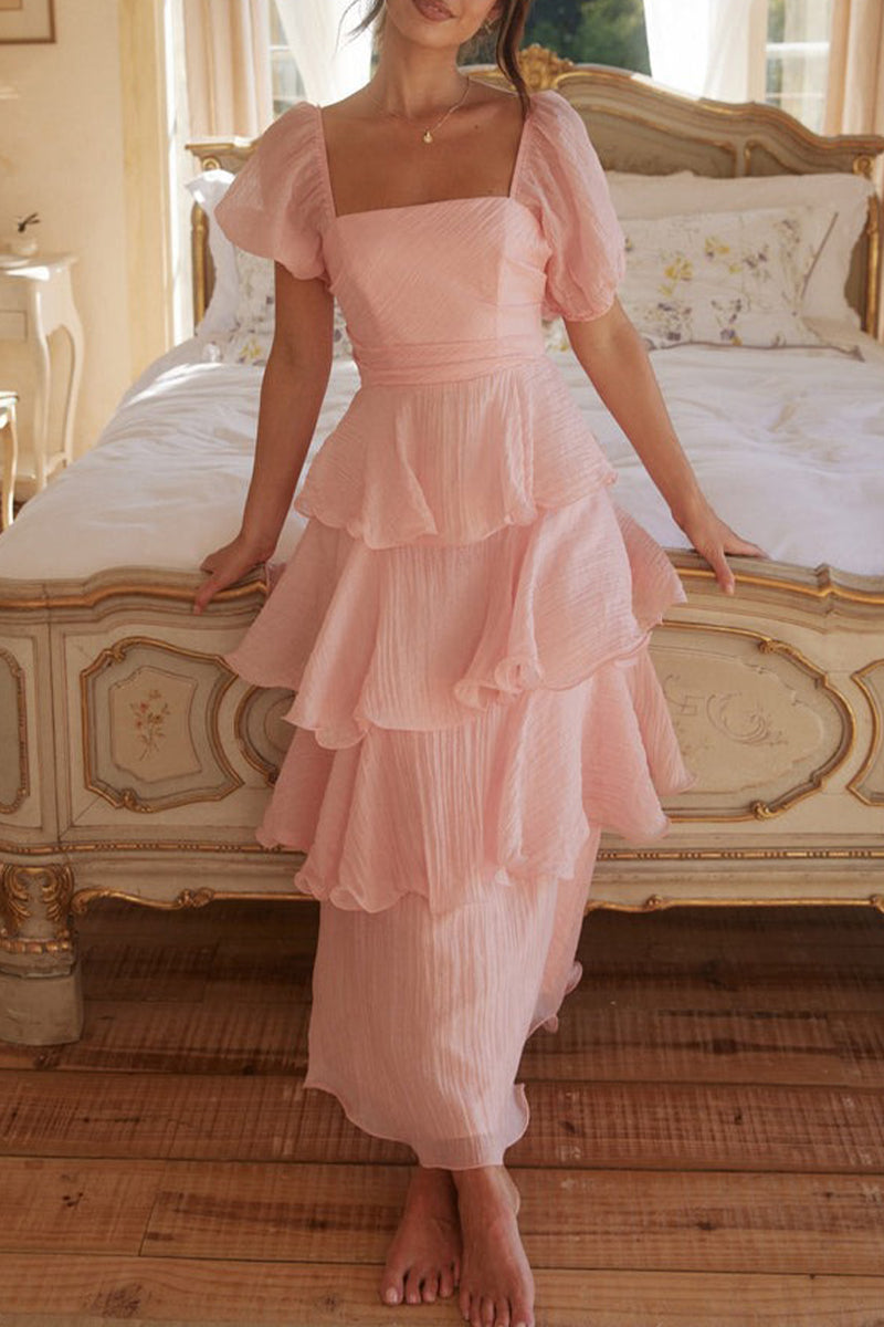 Vestidos casuales con falda pastel, escote cuadrado, volantes y espalda descubierta