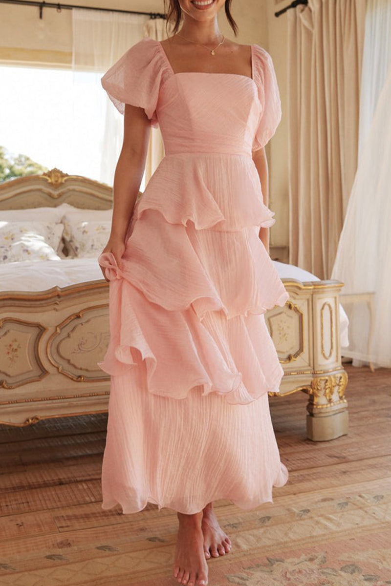 Vestidos casuales con falda pastel, escote cuadrado, volantes y espalda descubierta