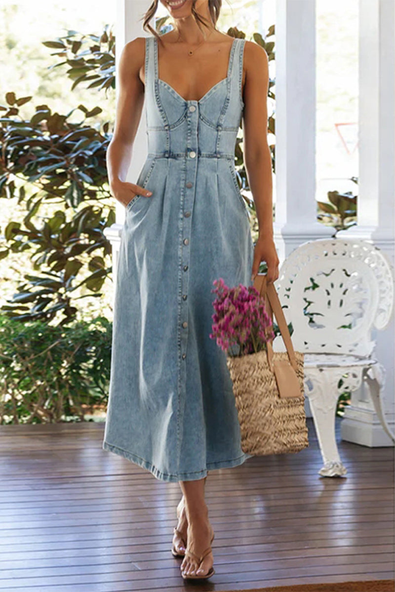 Elegant Solid Color Buttons Patchwork V Neck Sleeveless Denim Dresses