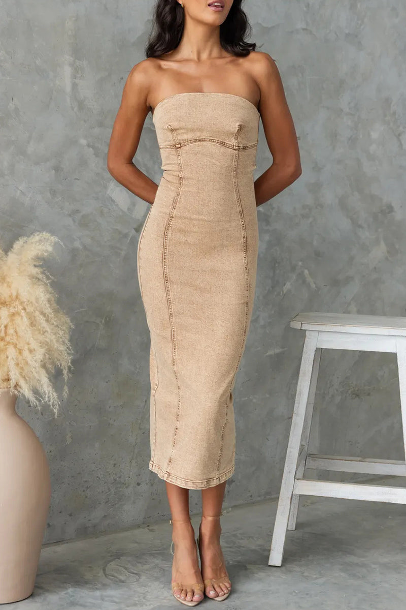 Vestidos vaqueros ajustados sin mangas, sexys, de color sólido, con abertura y cremallera