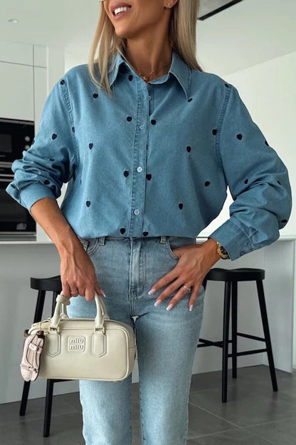 Casual Heart Shaped Buttons Turndown Collar Tops