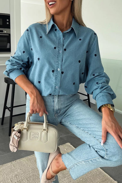 Casual Heart Shaped Buttons Turndown Collar Tops