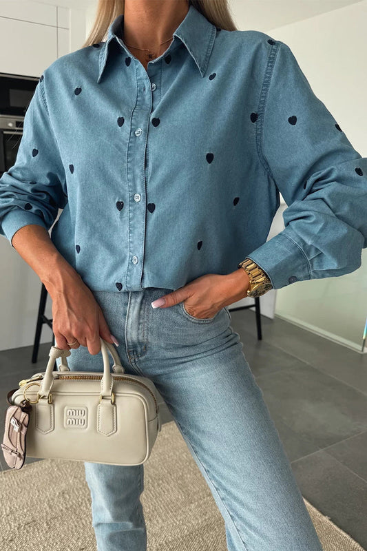 Casual Heart Shaped Buttons Turndown Collar Tops